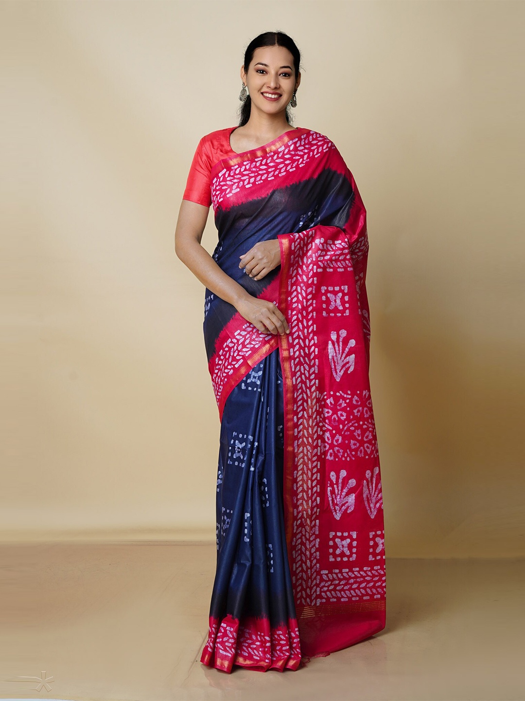

Unnati Silks Batik Zari Pure Silk Chanderi Saree, Navy blue