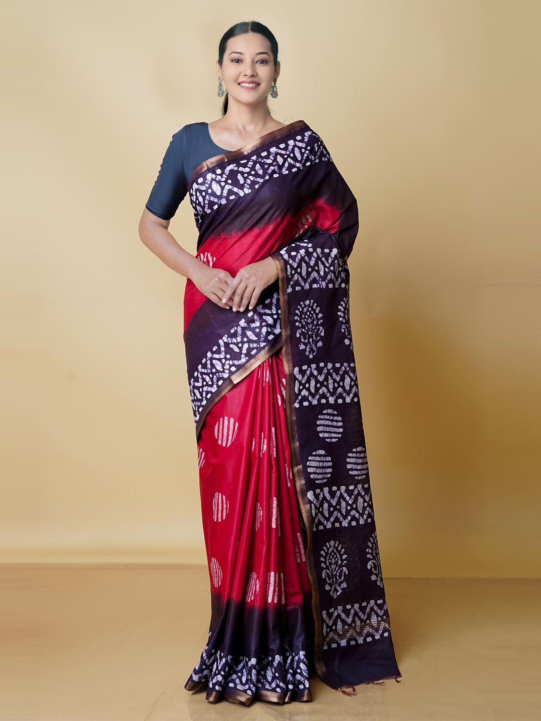 

Unnati Silks Batik Zari Pure Silk Chanderi Handloom Saree, Red