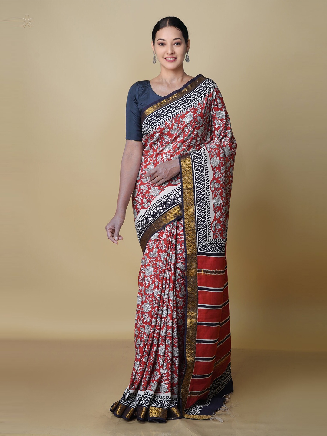 

Unnati Silks Floral Zari Silk Blend Chanderi Saree, Red