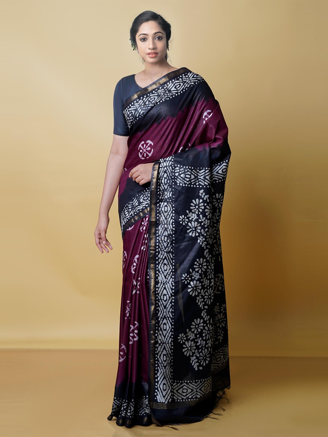 

Unnati Silks Batik Zari Pure Silk Chanderi Handloom Saree, Burgundy