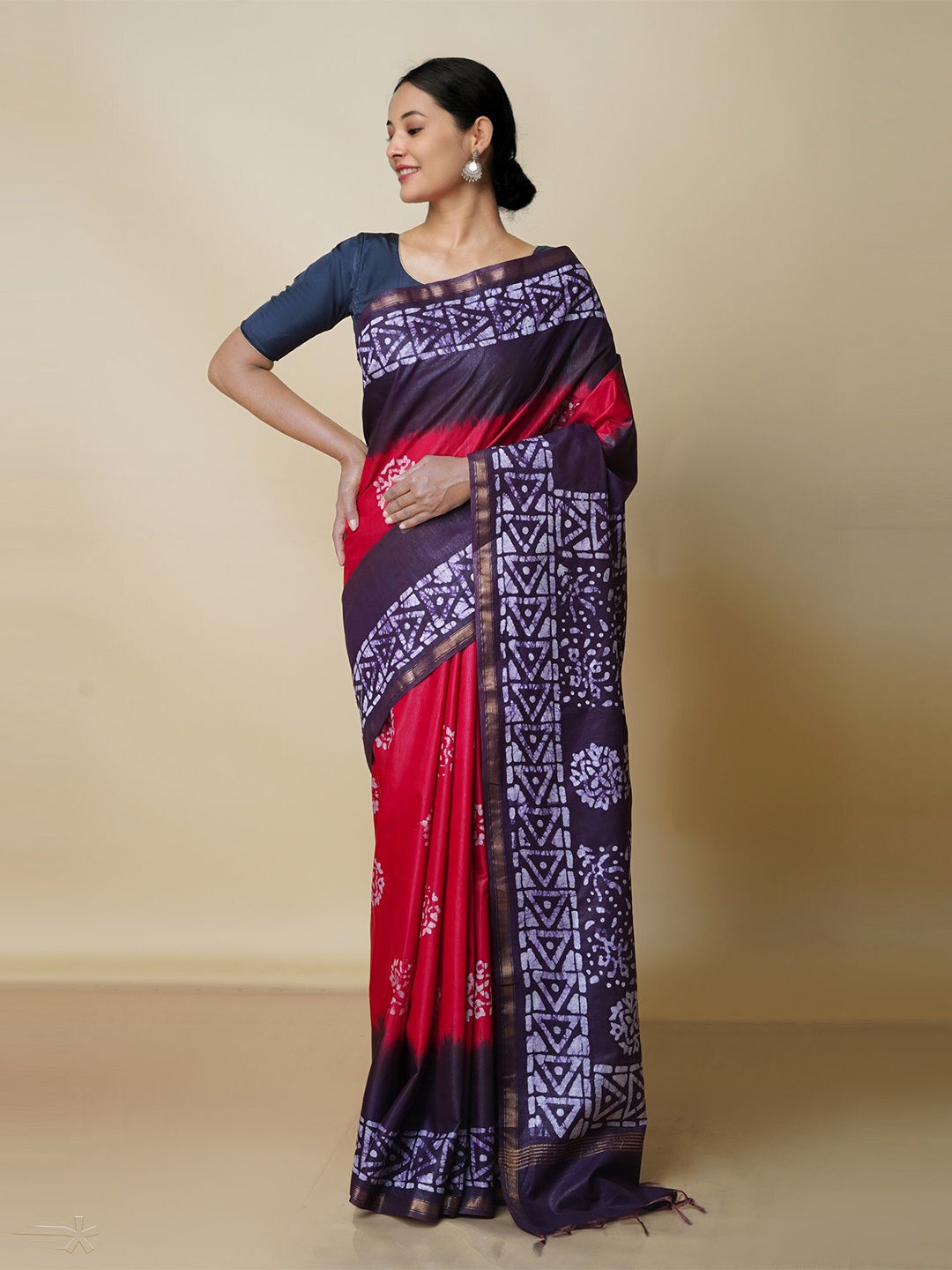 

Unnati Silks Batik Pure Silk Chanderi Handloom Saree, Red
