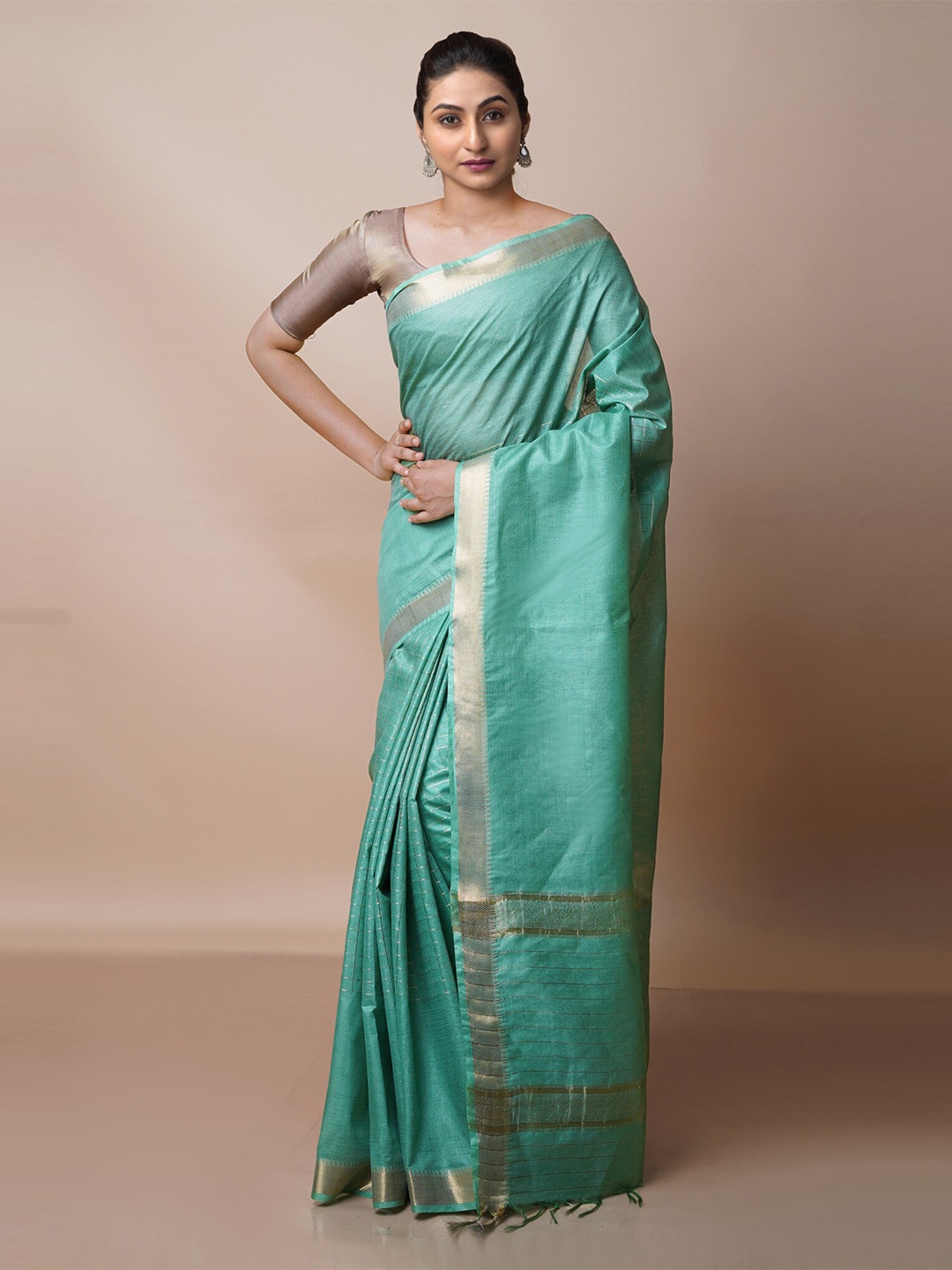 

Unnati Silks Woven Design Zari Silk Cotton Chanderi Saree, Green
