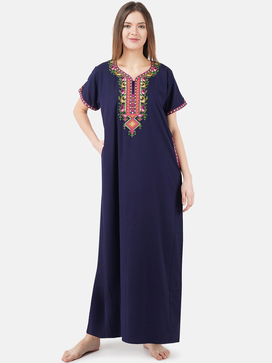 

KOI SLEEPWEAR Plus Size Ethnic Motifs Embroidered Maxi Nightdress, Navy blue