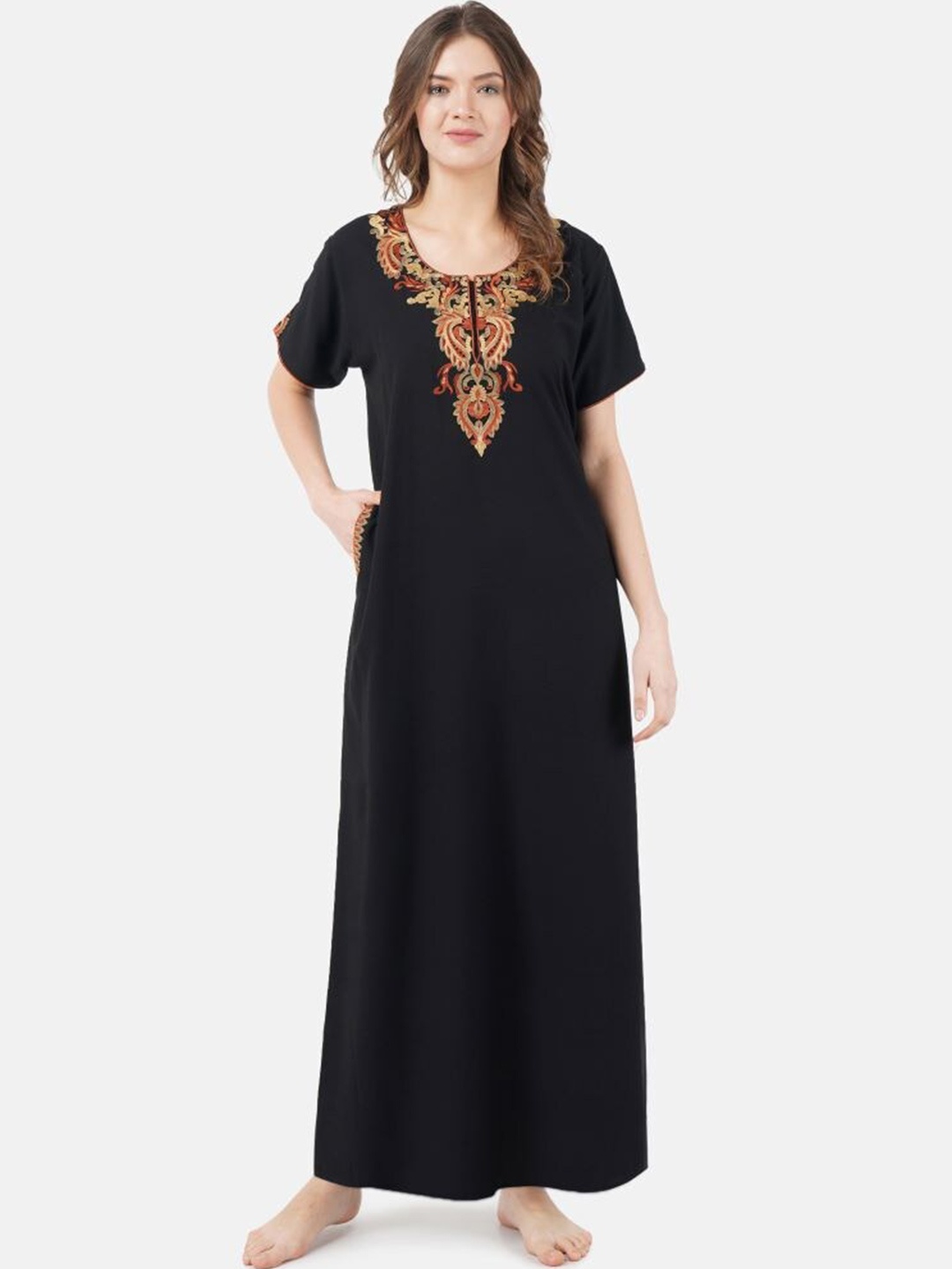 

KOI SLEEPWEAR Plus Size Ethnic Motifs Embroidered Maxi Nightdress, Black