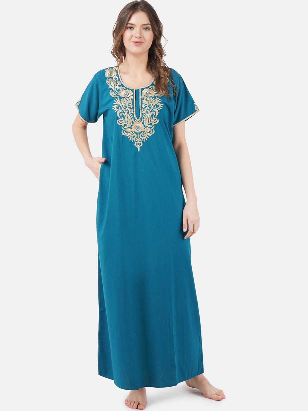 

KOI SLEEPWEAR Plus Size Floral Embroidered Maxi Nightdress, Turquoise blue