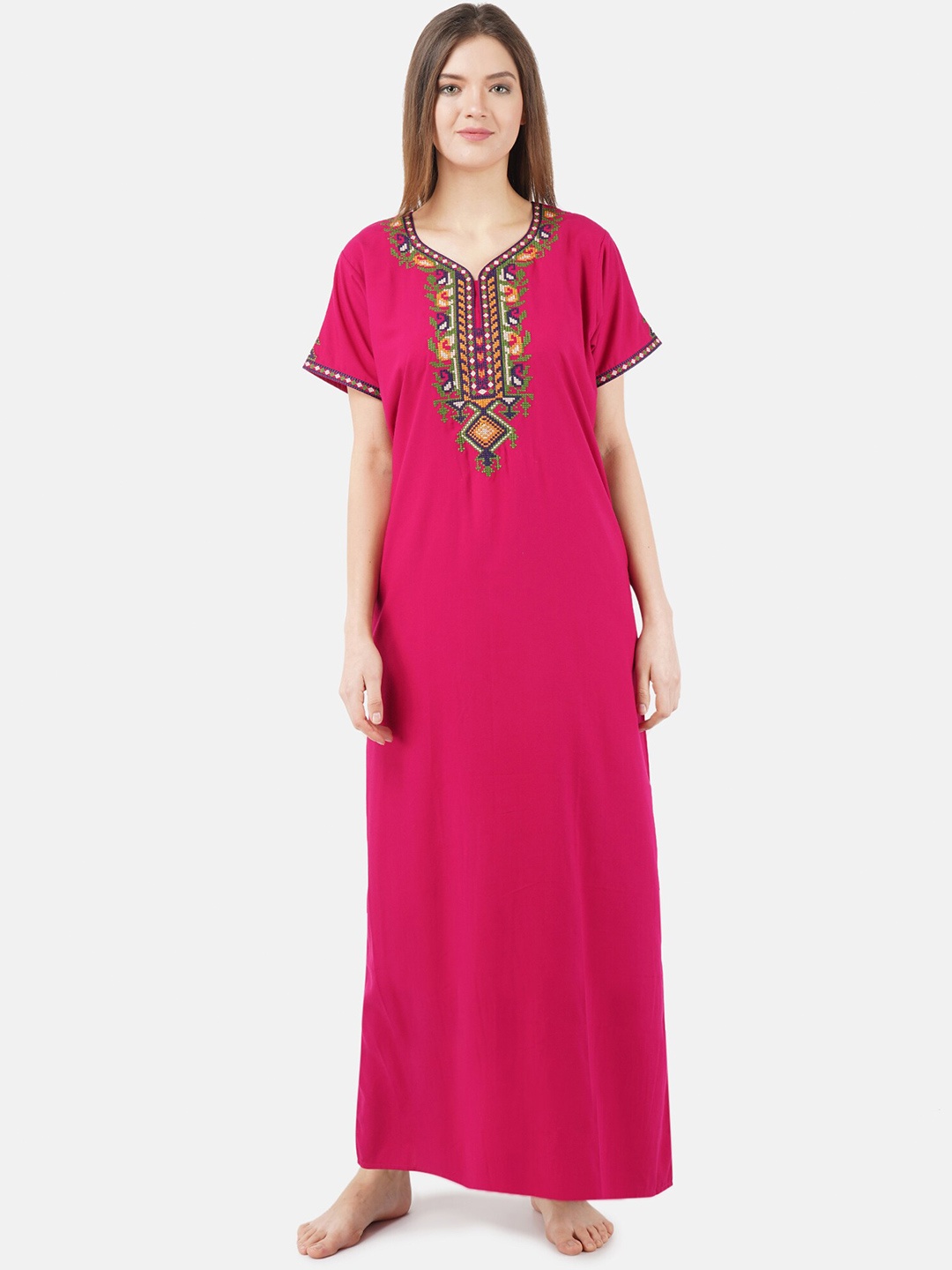 

KOI SLEEPWEAR Plus Size Ethnic Motifs Embroidered Maxi Nightdress, Pink