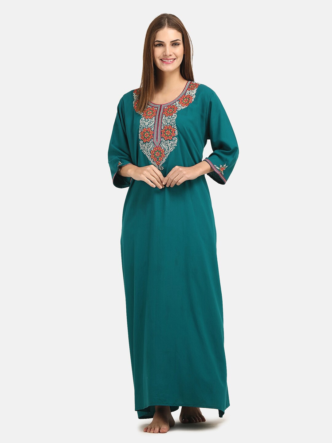 

KOI SLEEPWEAR Floral Embroidered Maxi Nightdress, Teal