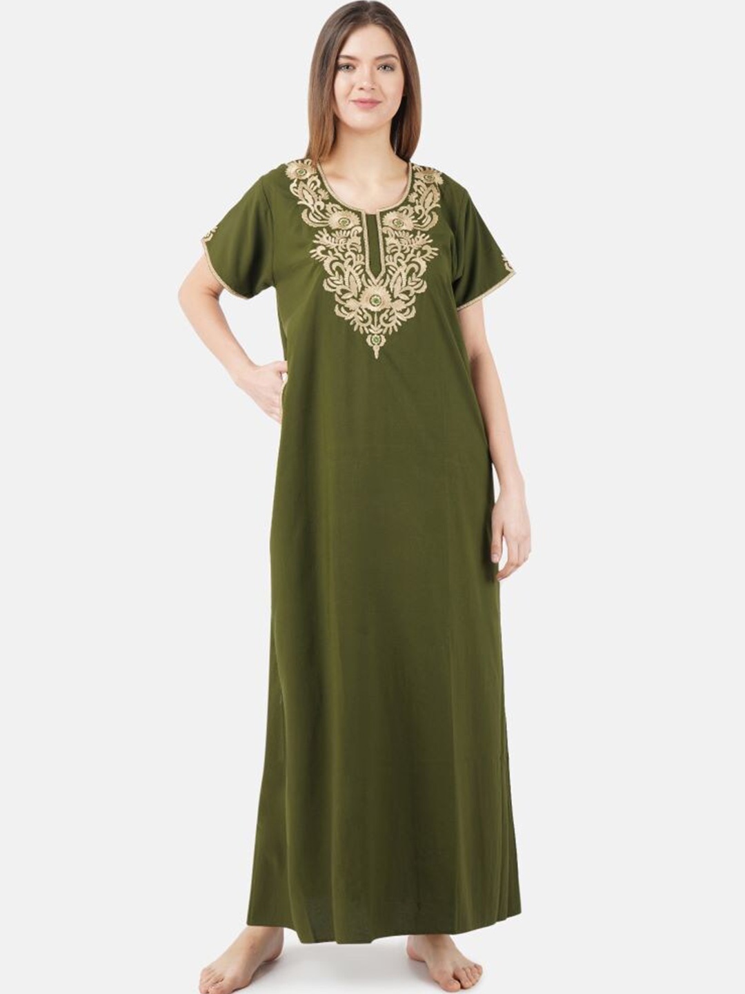 

KOI SLEEPWEAR Plus Size Ethnic Motifs Embroidered Maxi Nightdress, Olive