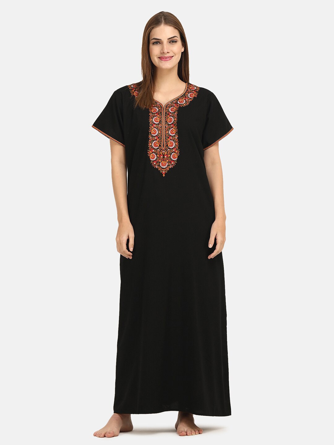 

KOI SLEEPWEAR Floral Embroidered Maxi Nightdress, Black