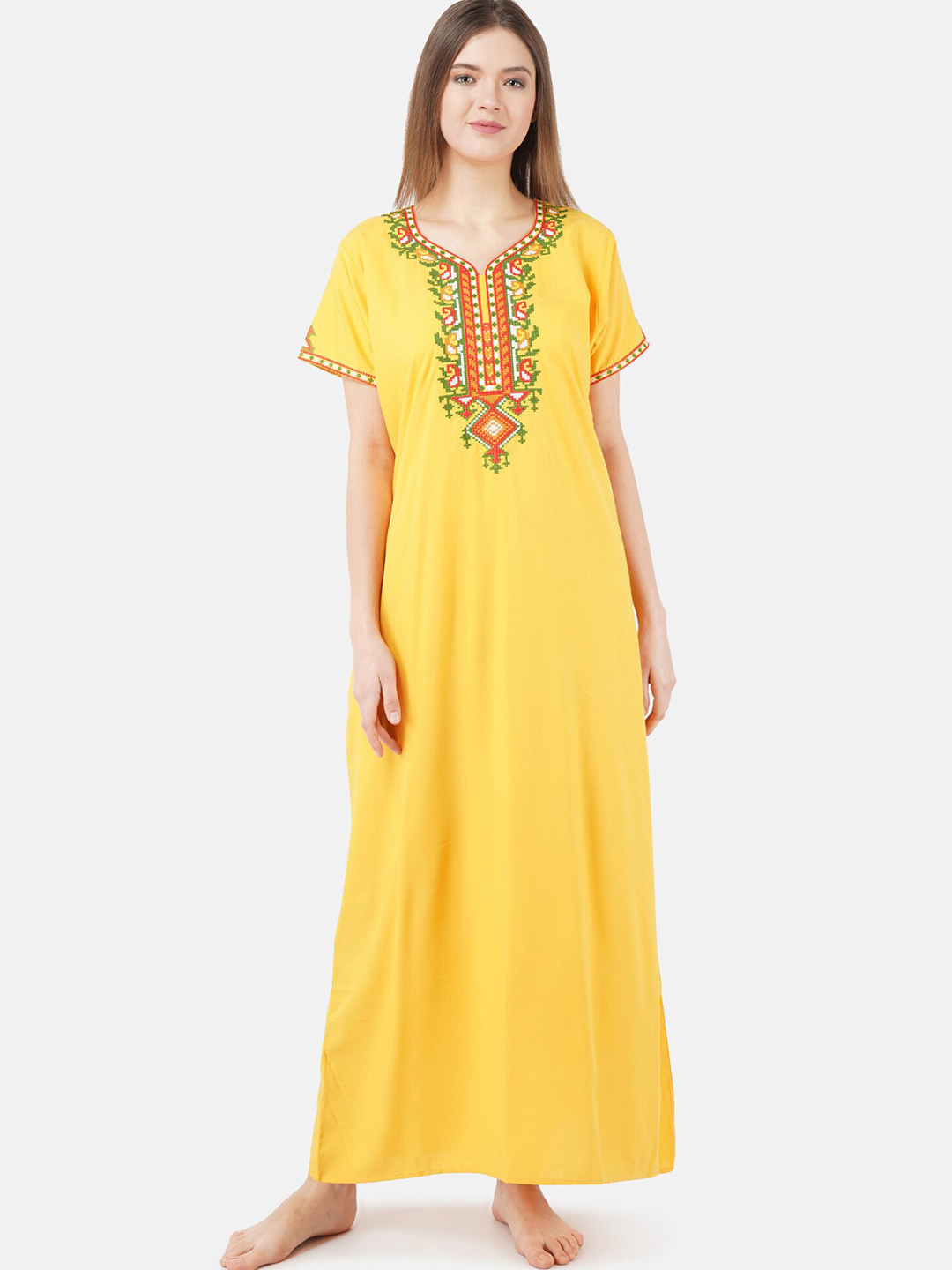 

KOI SLEEPWEAR Plus Size Ethnic Motifs Embroidered Maxi Nightdress, Yellow
