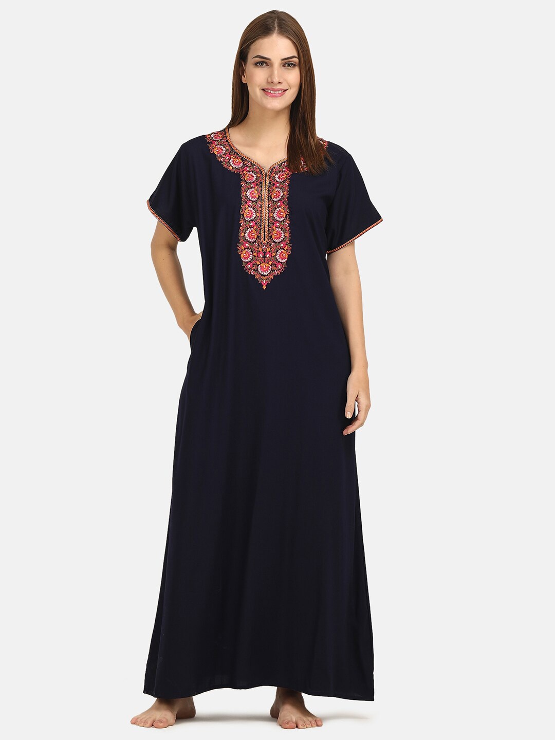 

KOI SLEEPWEAR Floral Embroidered Maxi Nightdress, Navy blue