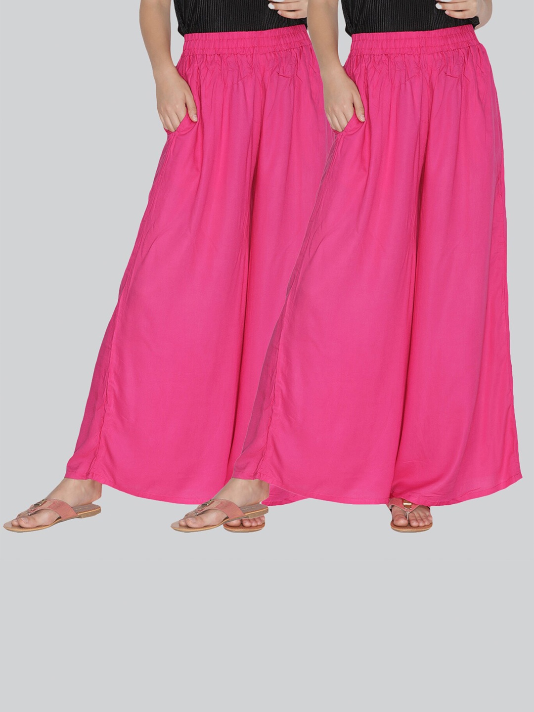 

LYRA Women Pack of 2 Flared Cotton Knitted Palazzos, Pink