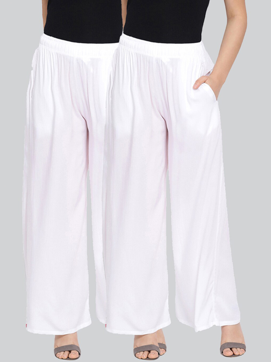 

LYRA Women Pack of 2 Flared Cotton Knitted Palazzos, White