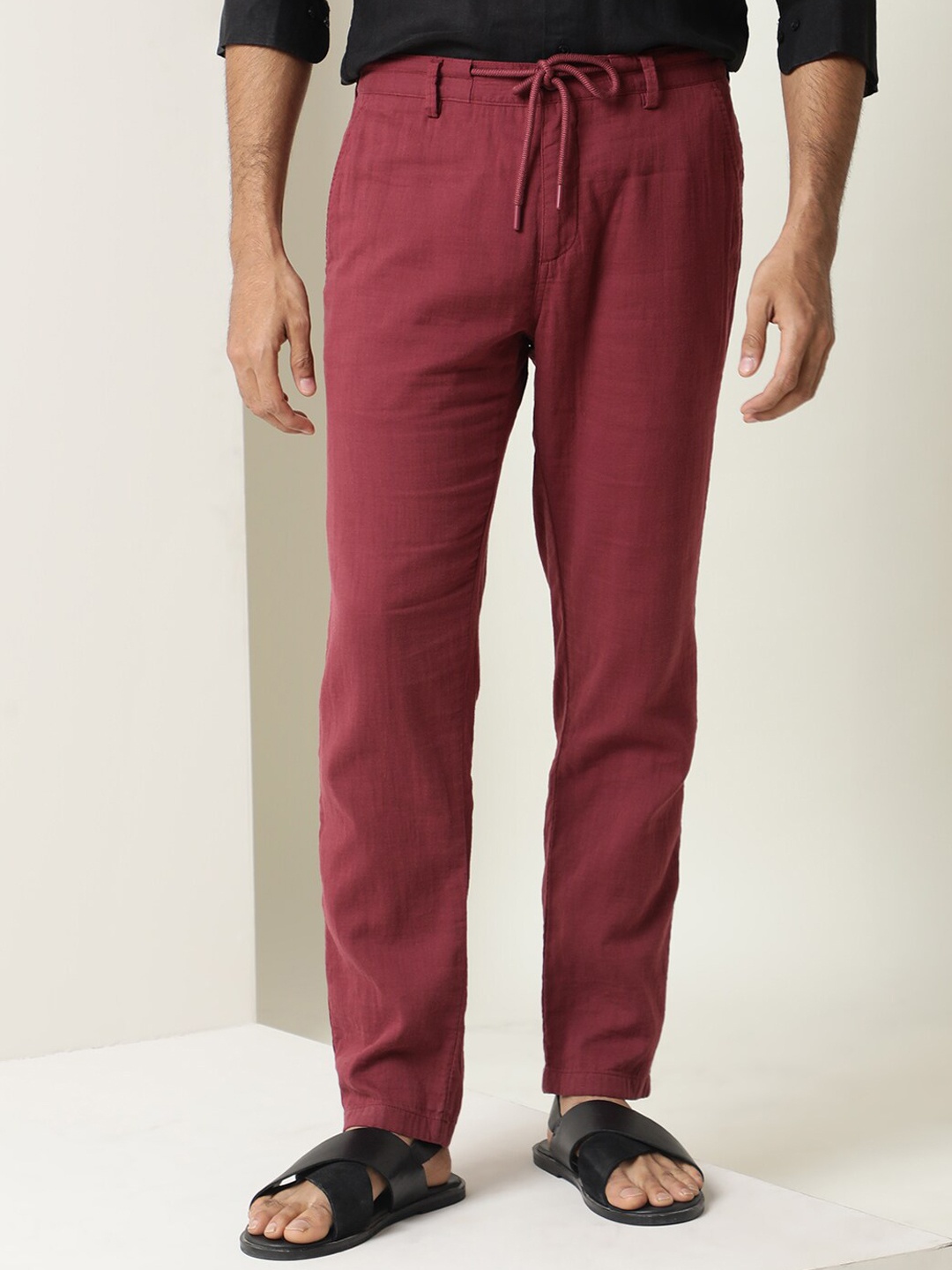 

RARE RABBIT Men Pastor Drawstring Regular Fit Mid Rise Cotton Trouser, Red