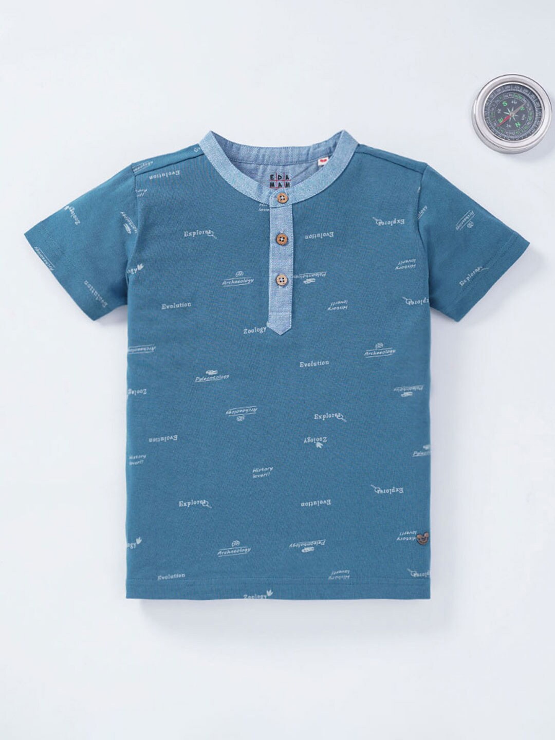 

Ed-a-Mamma Boys Typography Printed Henley Neck Cotton T-shirt, Blue