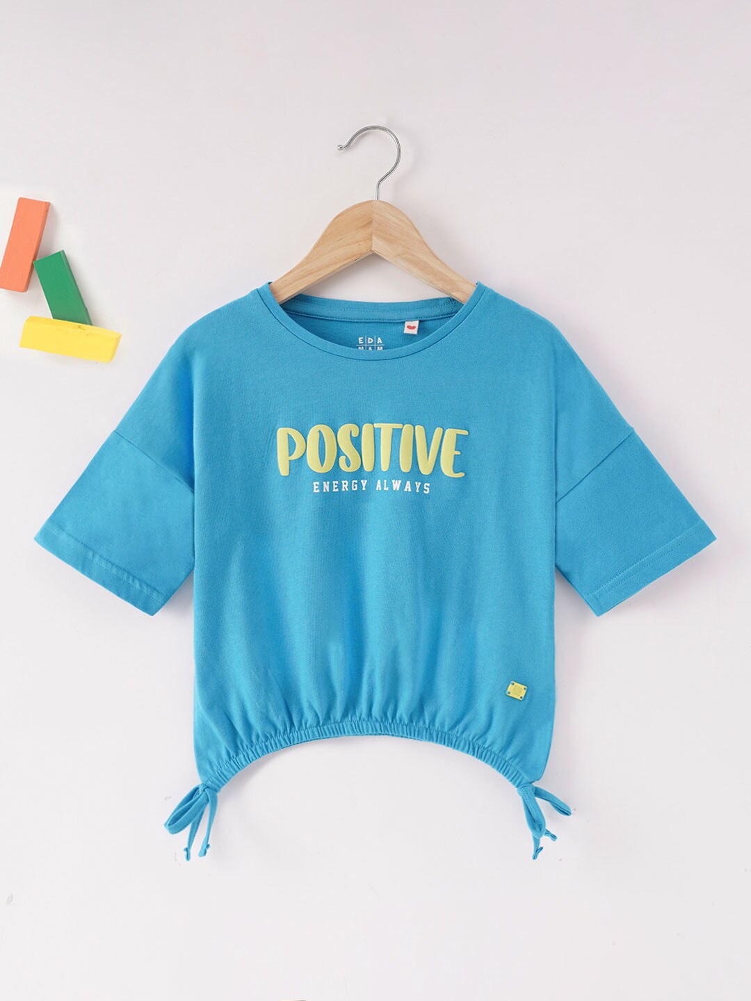 

Ed-a-Mamma Girls Printed Gathered Hem Tie-Up Cotton T-shirt, Blue