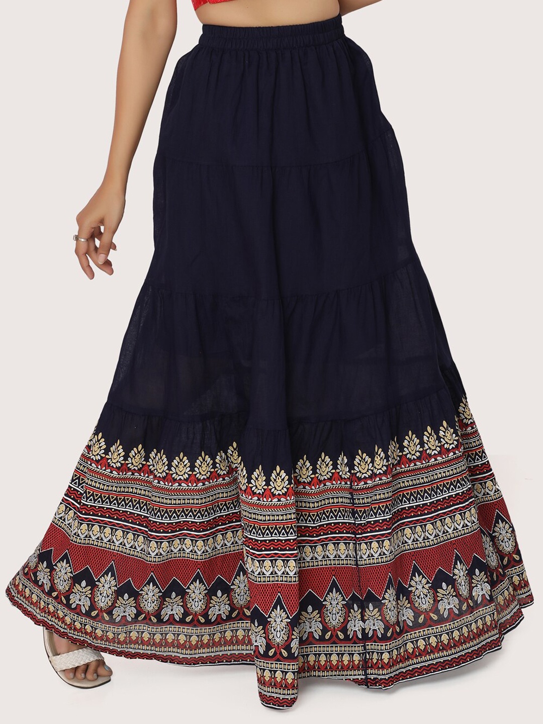 

ZRI Ethnic Printed Pure Cotton Skirt, Navy blue