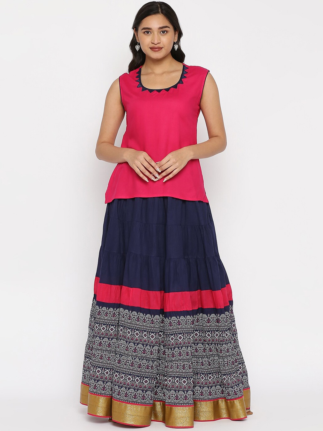 

ZRI Ethnic Printed Pure Cotton Maxi Skirt, Navy blue