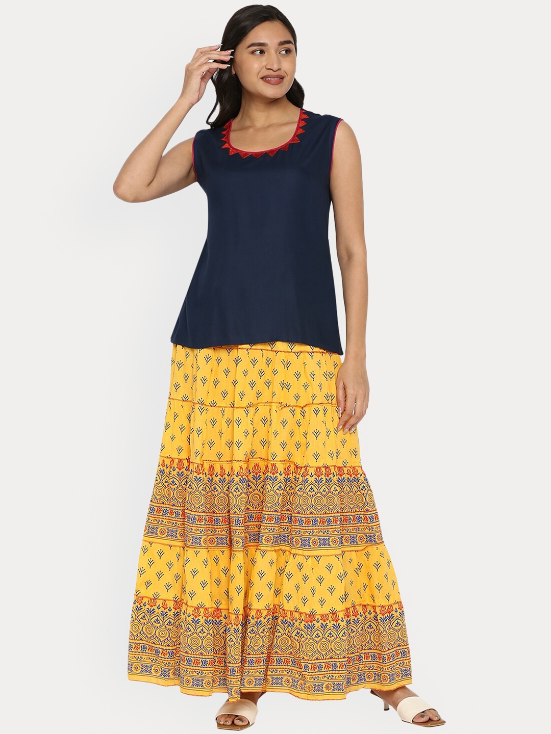 

ZRI Printed Printed Pure Cotton Maxi Skirt, Mustard