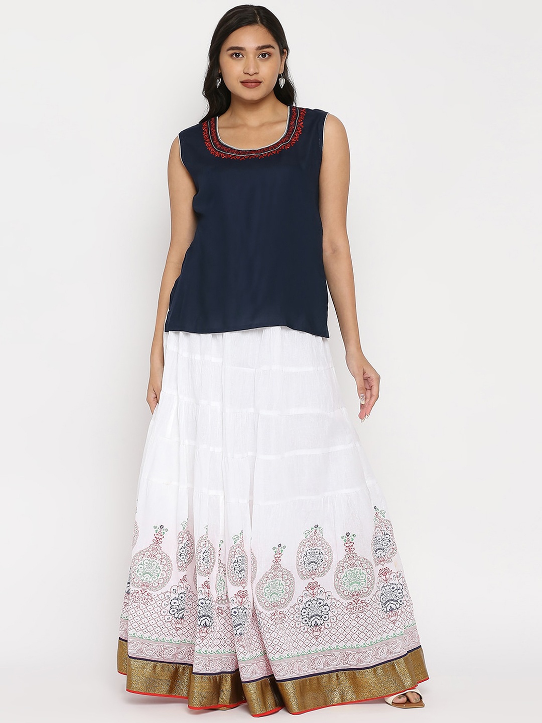 

ZRI Printed Printed Pure Cotton Maxi Skirt, White