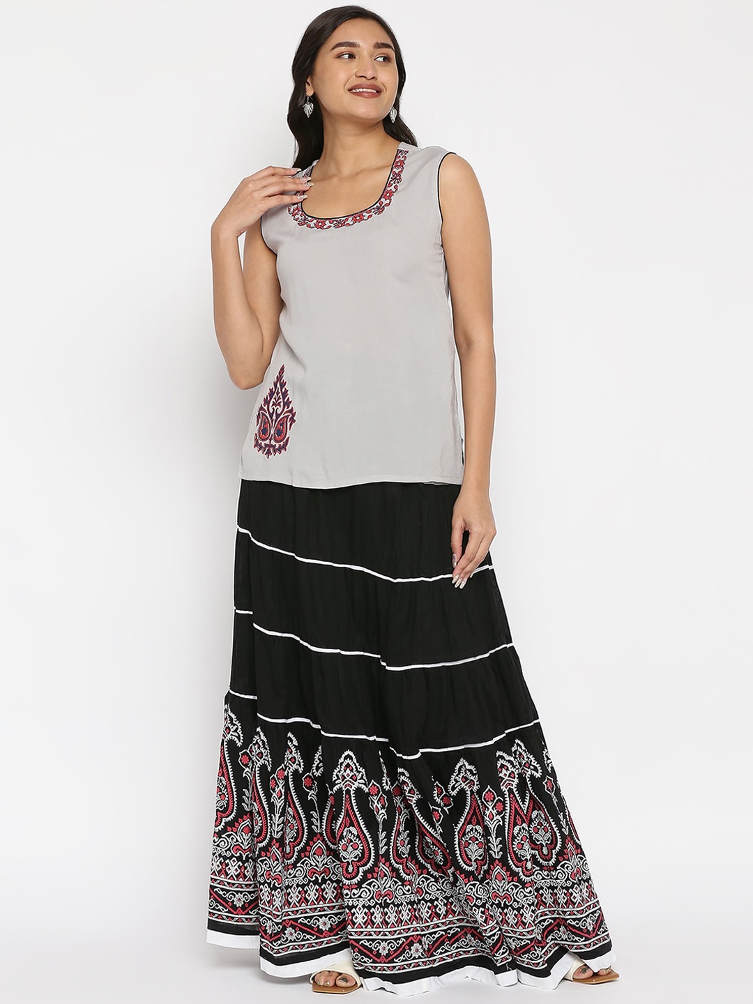 

ZRI Printed Pure Cotton Maxi Length Tiered Skirt, Black