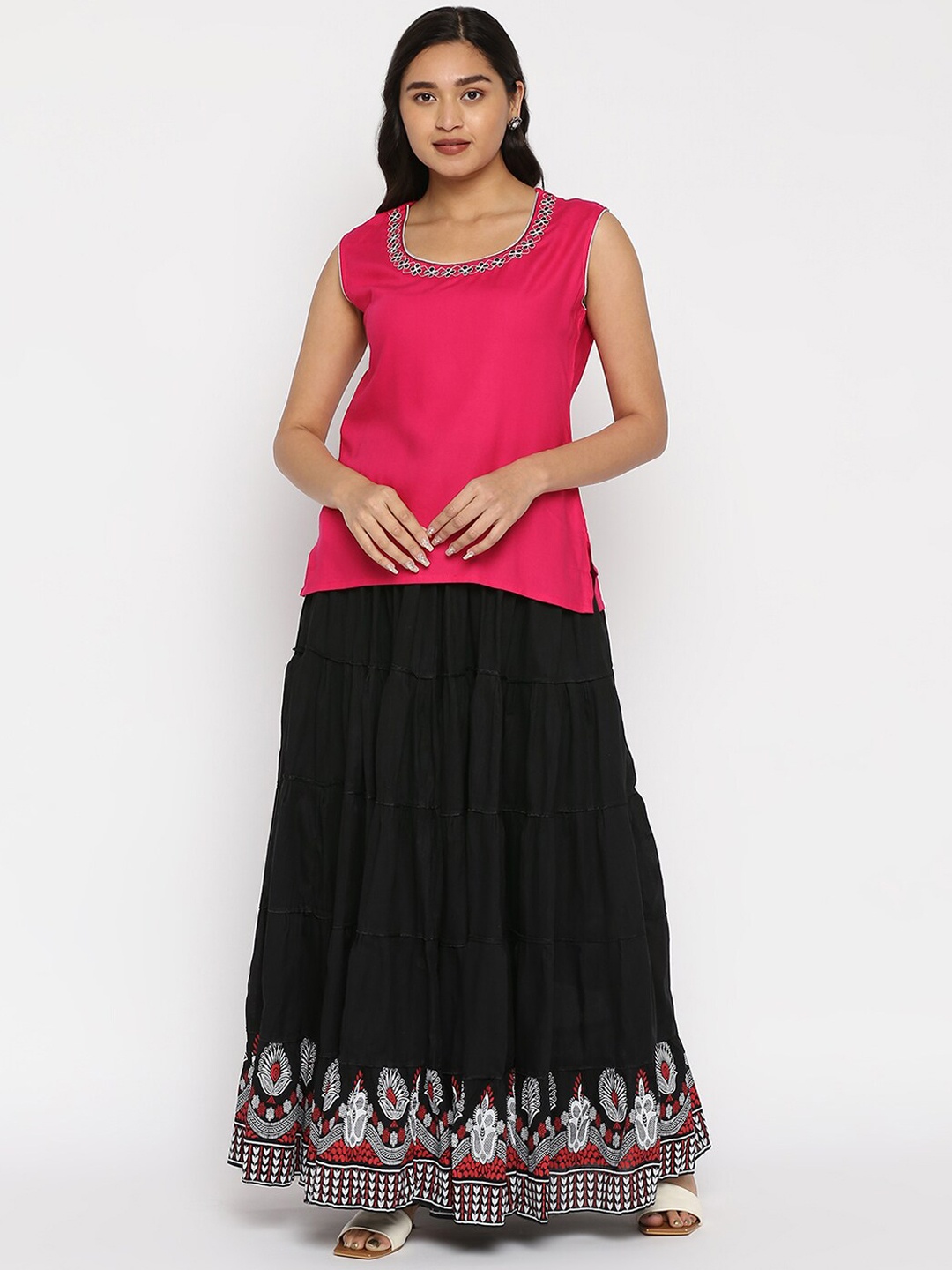 

ZRI Printed Flared Pure Cotton Maxi Skirt, Black