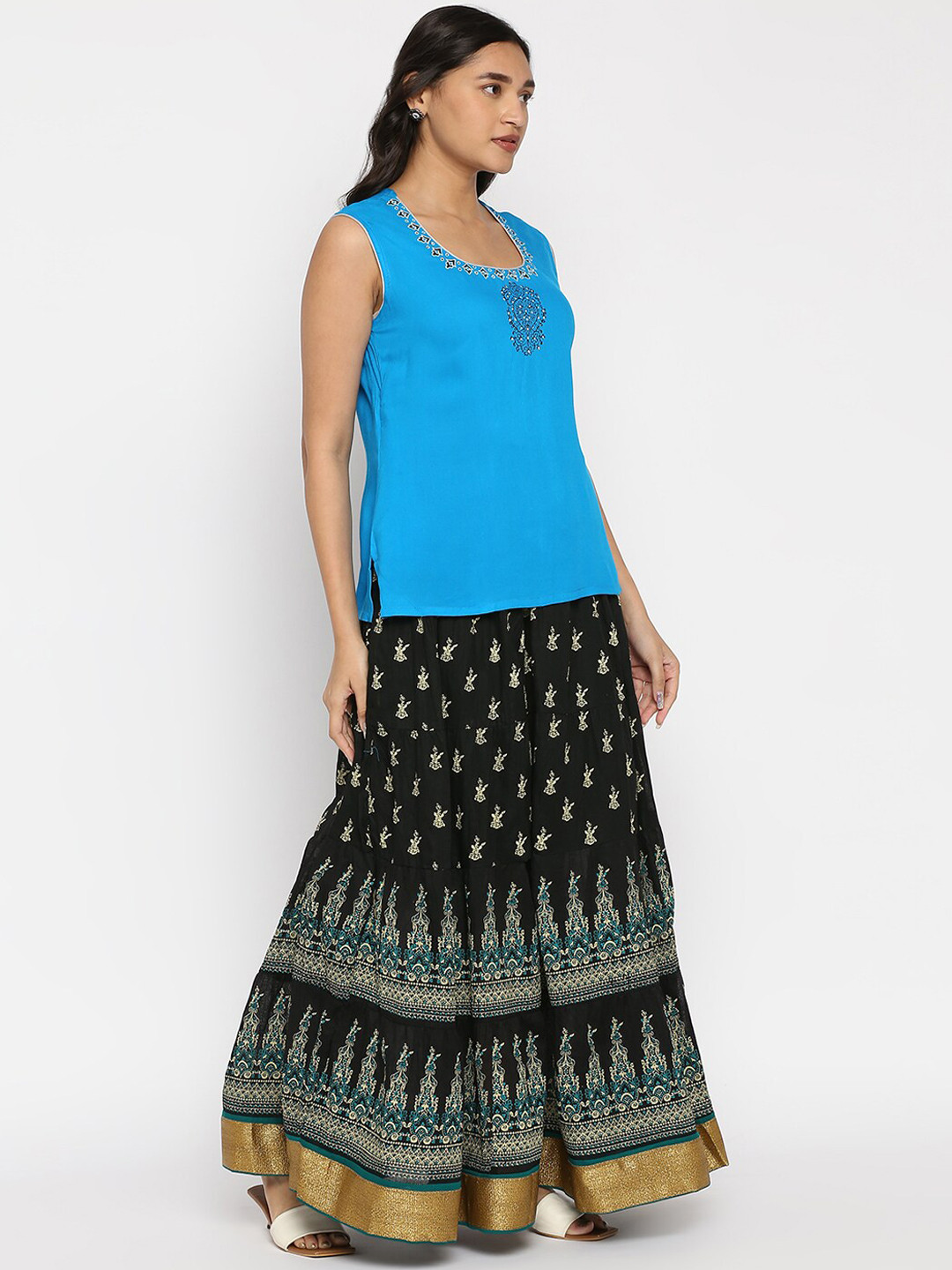 

ZRI Printed Flared Pure Cotton Maxi Skirt, Black