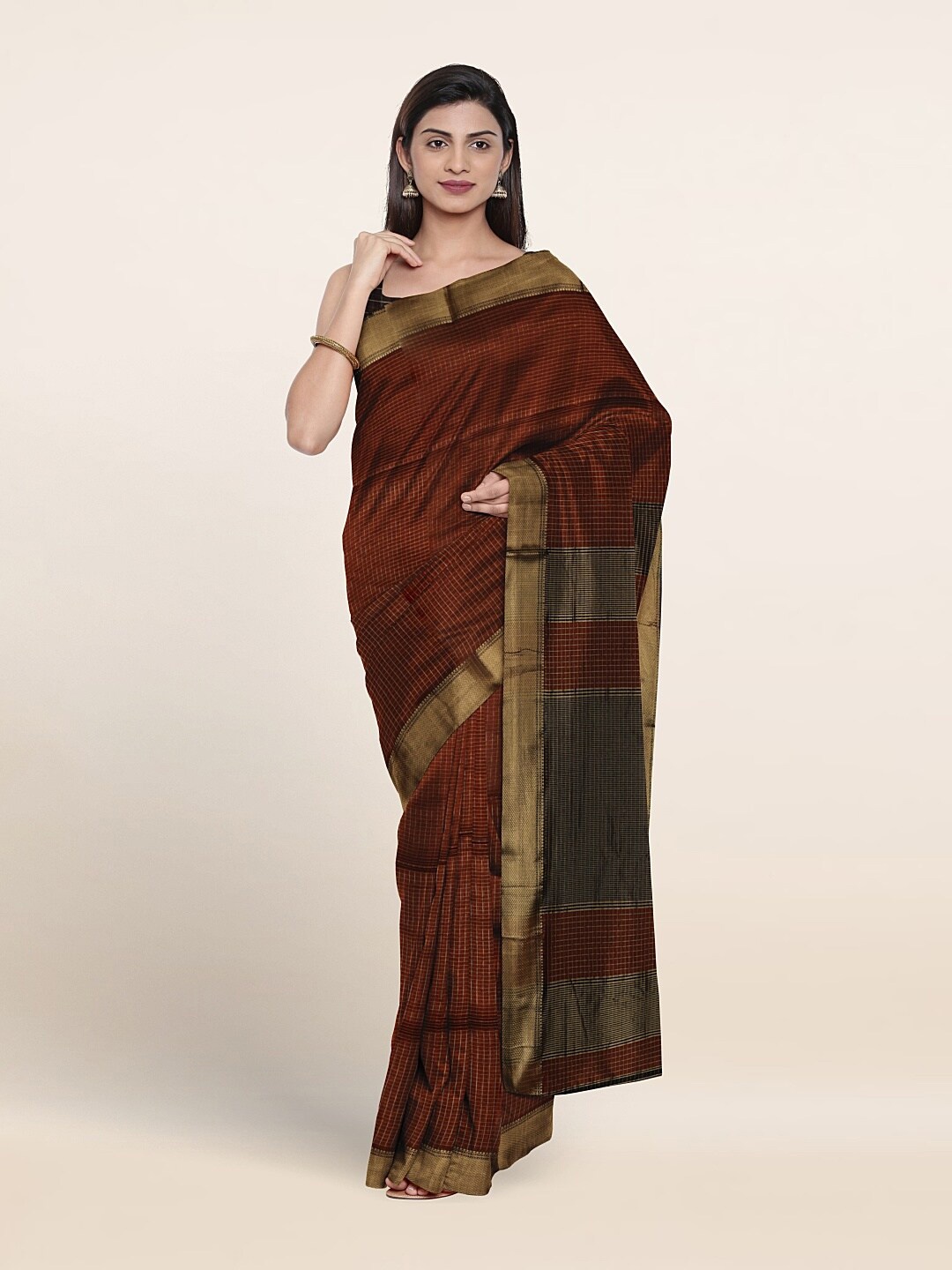 

Pothys Checked Zari Pure Silk Saree, Brown
