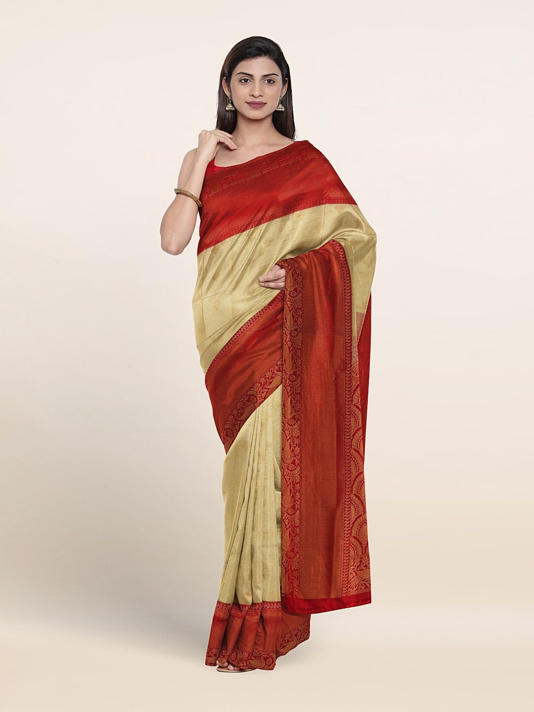 

Pothys Ethnic Motif Woven Design Zari Kanjeevaram Pure Silk Saree, Cream