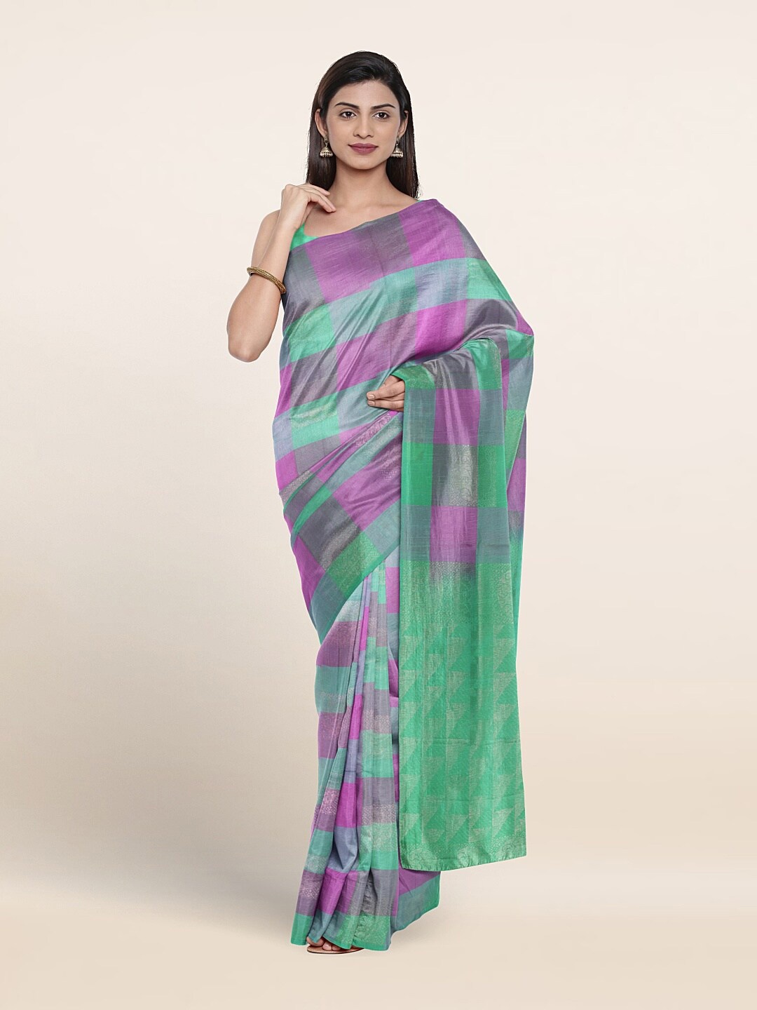 

Pothys Green & Pink Checked Zari Pure Silk Saree