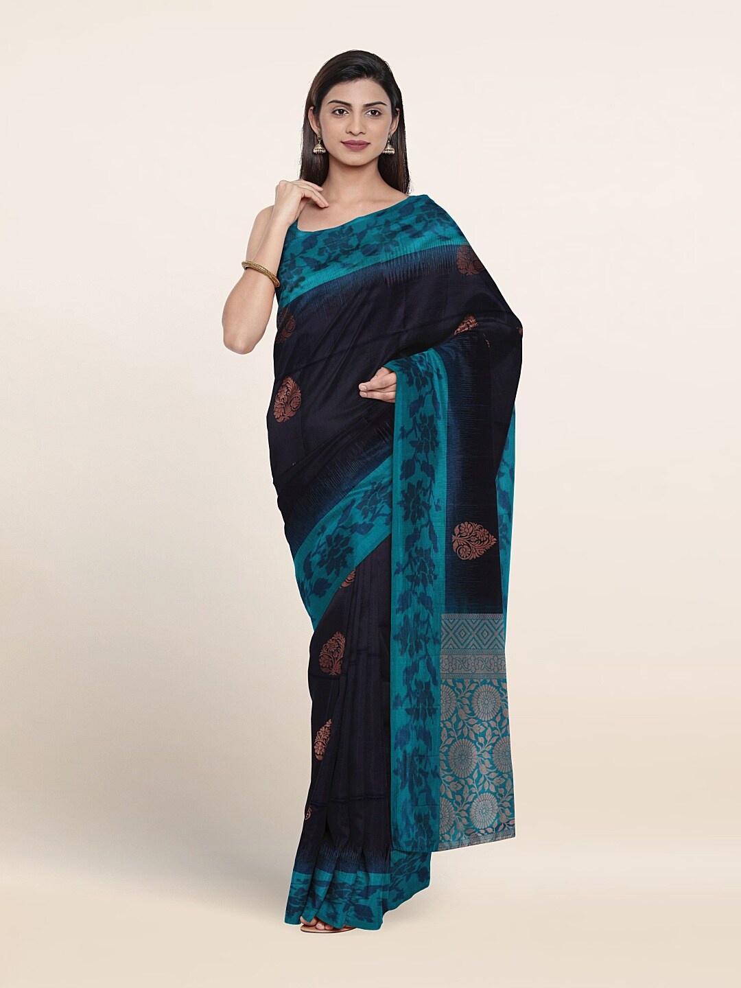 

Pothys Ethnic Motif Woven Design Zari Kanjeevaram Pure Silk Saree, Navy blue