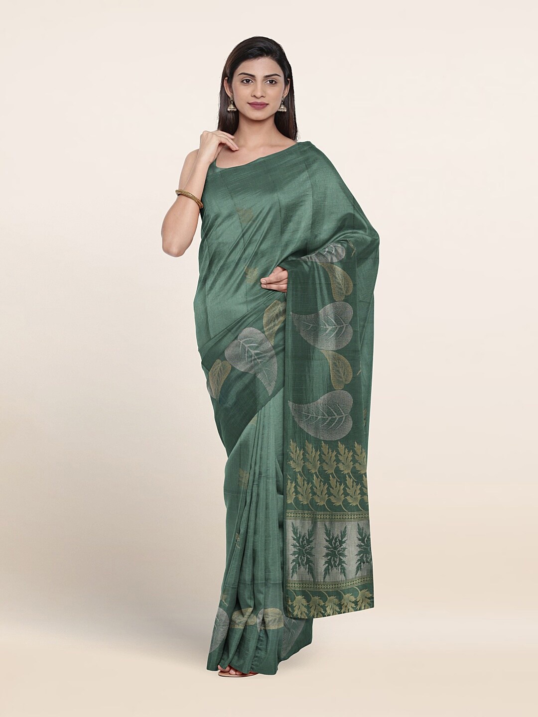 

Pothys Ethnic Motif Woven Design Zari Kanjeevaram Pure Silk Saree, Green