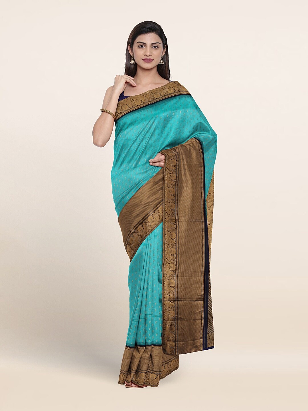 

Pothys Ethnic Motif Woven Design Zari Kanjeevaram Pure Silk Saree, Turquoise blue