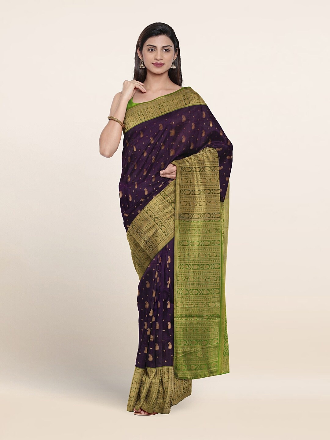 

Pothys Pure Kanchipuram Mayuri Paisley Zari Pure Silk Saree, Violet