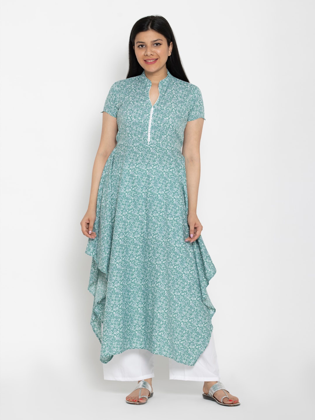 

DEGE Floral Printed Floral Crepe Kurta, Turquoise blue