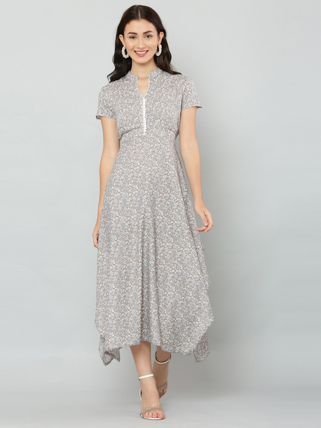 

DEGE Floral Printed Mandarin Collar Midi Dress, Grey