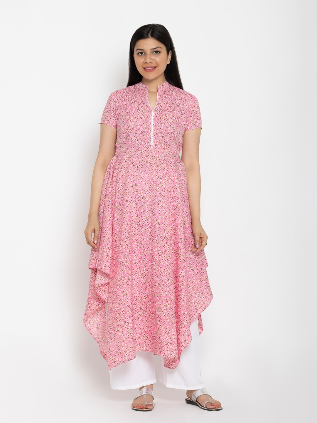 

DEGE Pink Floral Printed A-Line Kurta