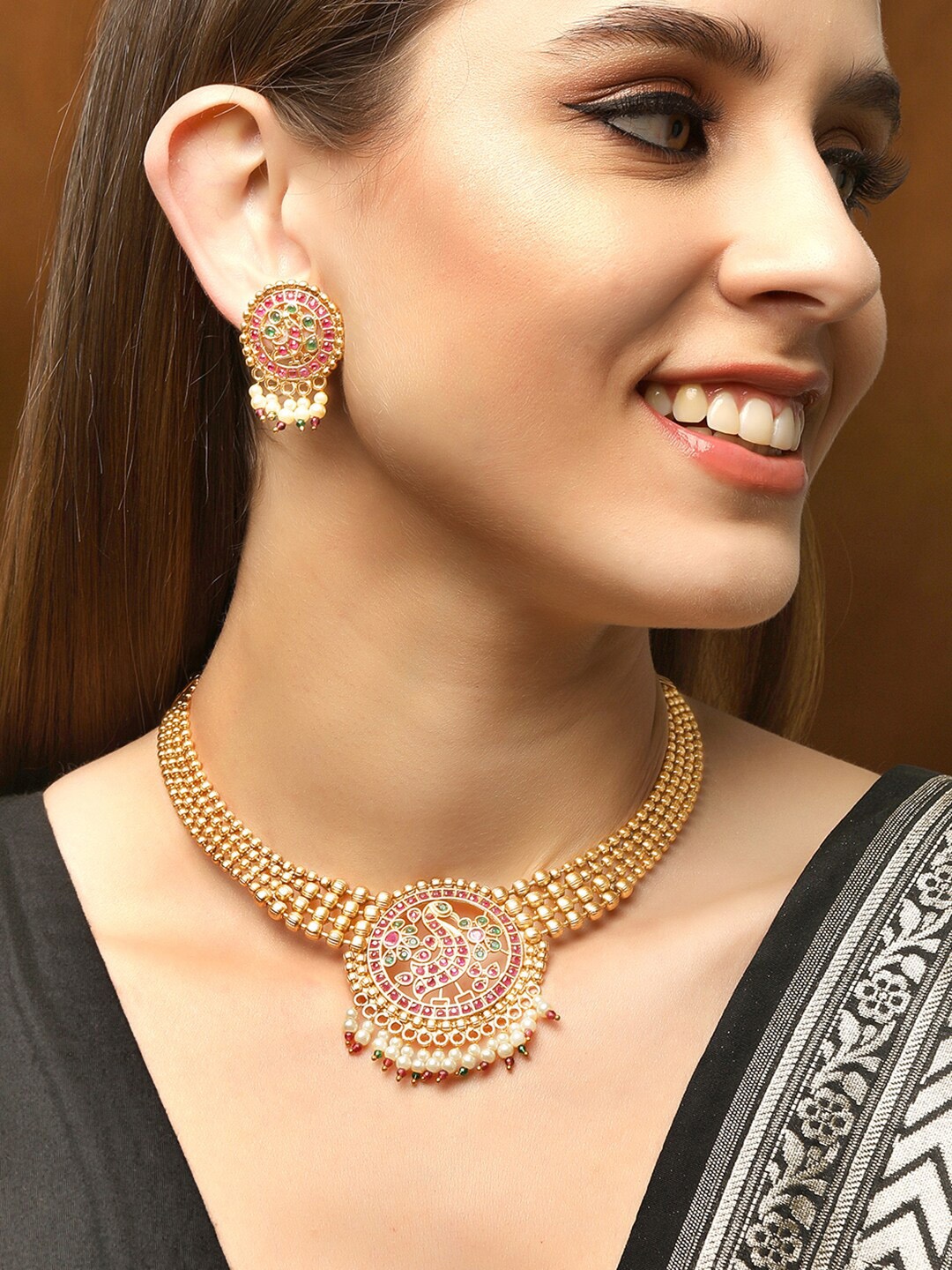 

Rubans Women Gold-Plated Stone-Studded & Beaded Necklace and Earrings, Pink