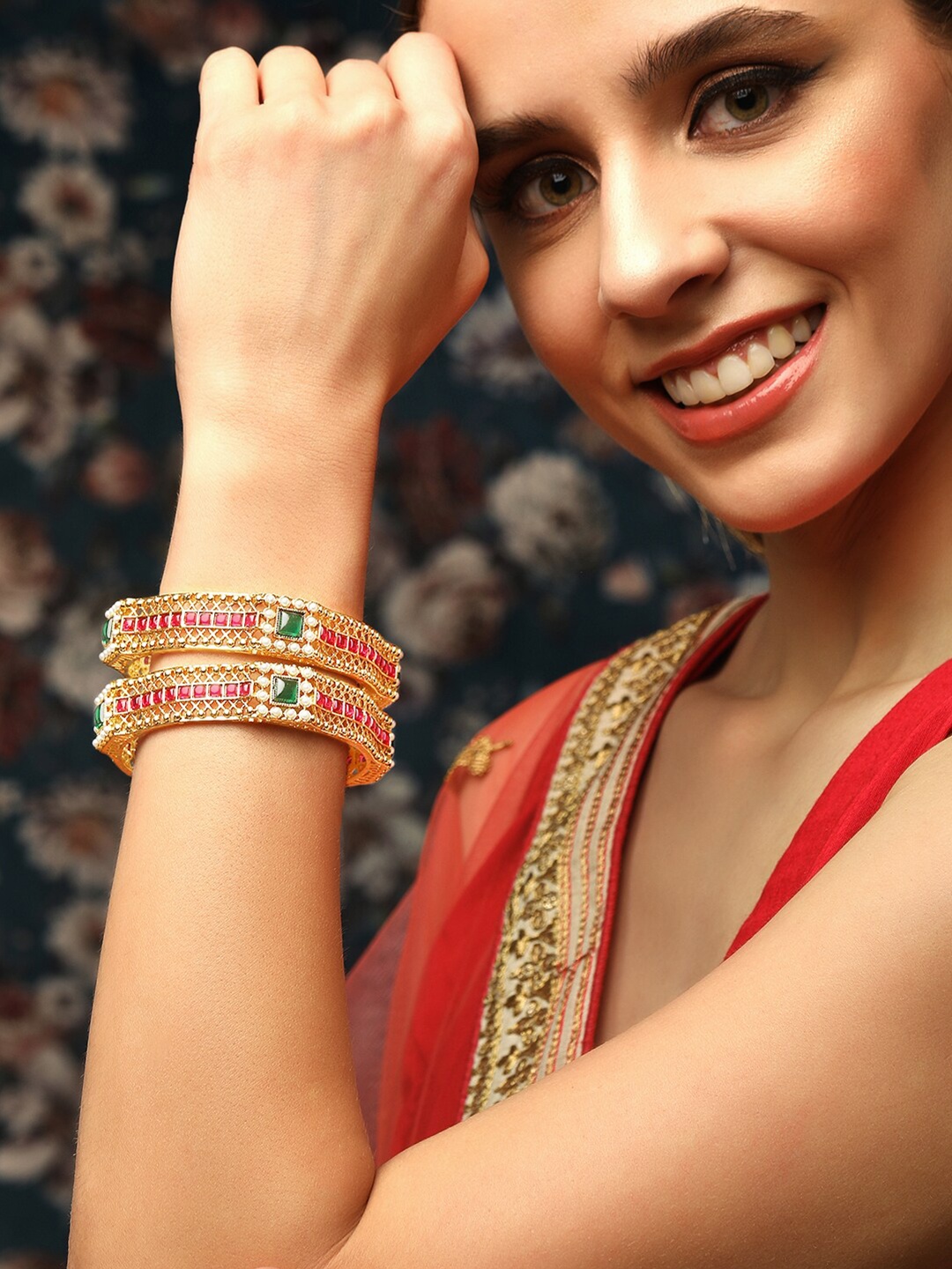 

Rubans Set Of 2 18k Gold-Plated Ruby Stone Studded & Beaded Bangles