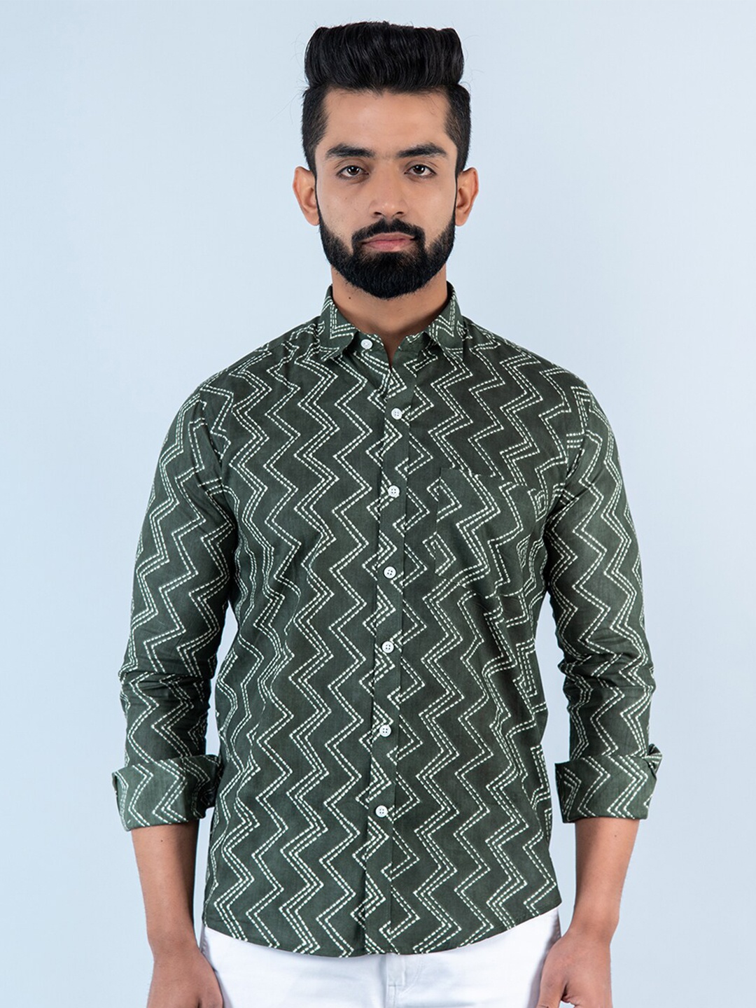 

Tistabene Men Chevron Printed Casual Cotton Shirt, Green