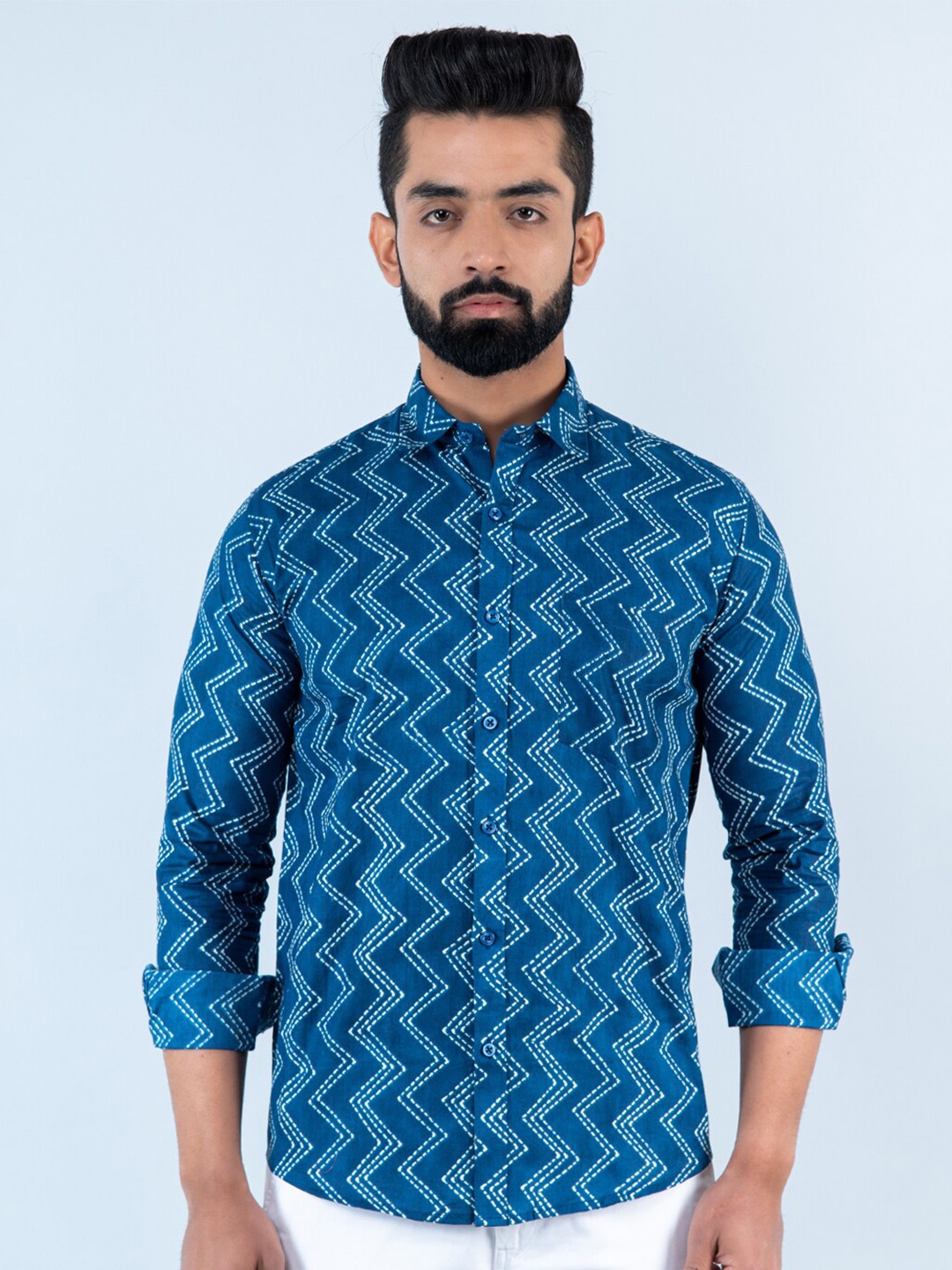 

Tistabene Men Chevron Printed Casual Cotton Shirt, Blue