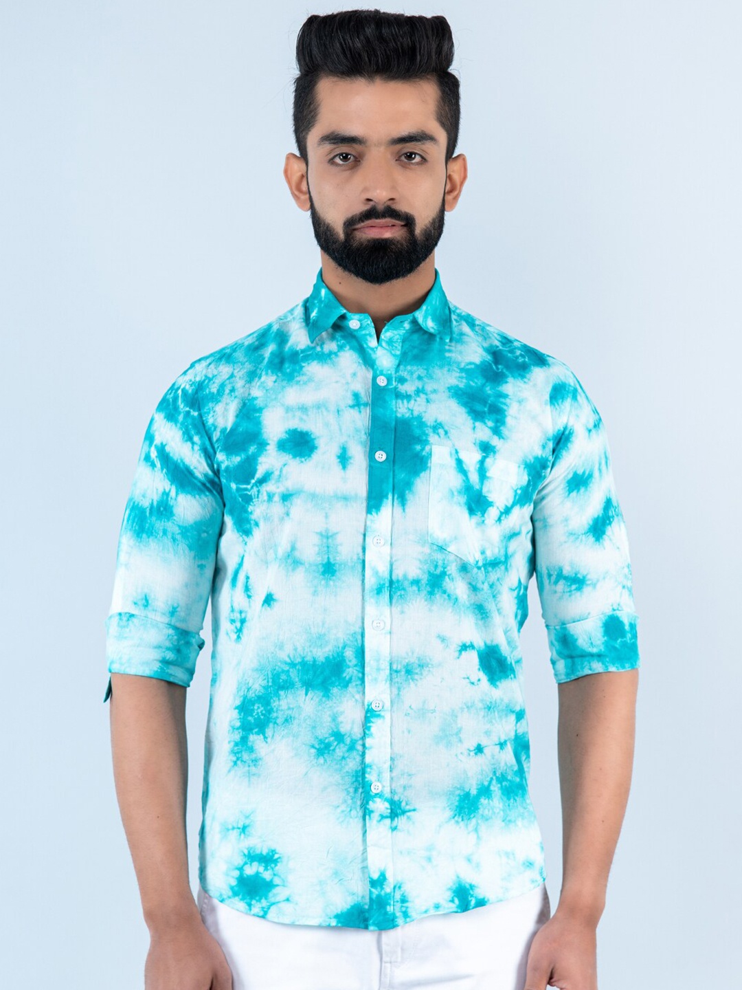 

Tistabene Men Printed Tie And Dye Cotton Casual Shirt, Turquoise blue