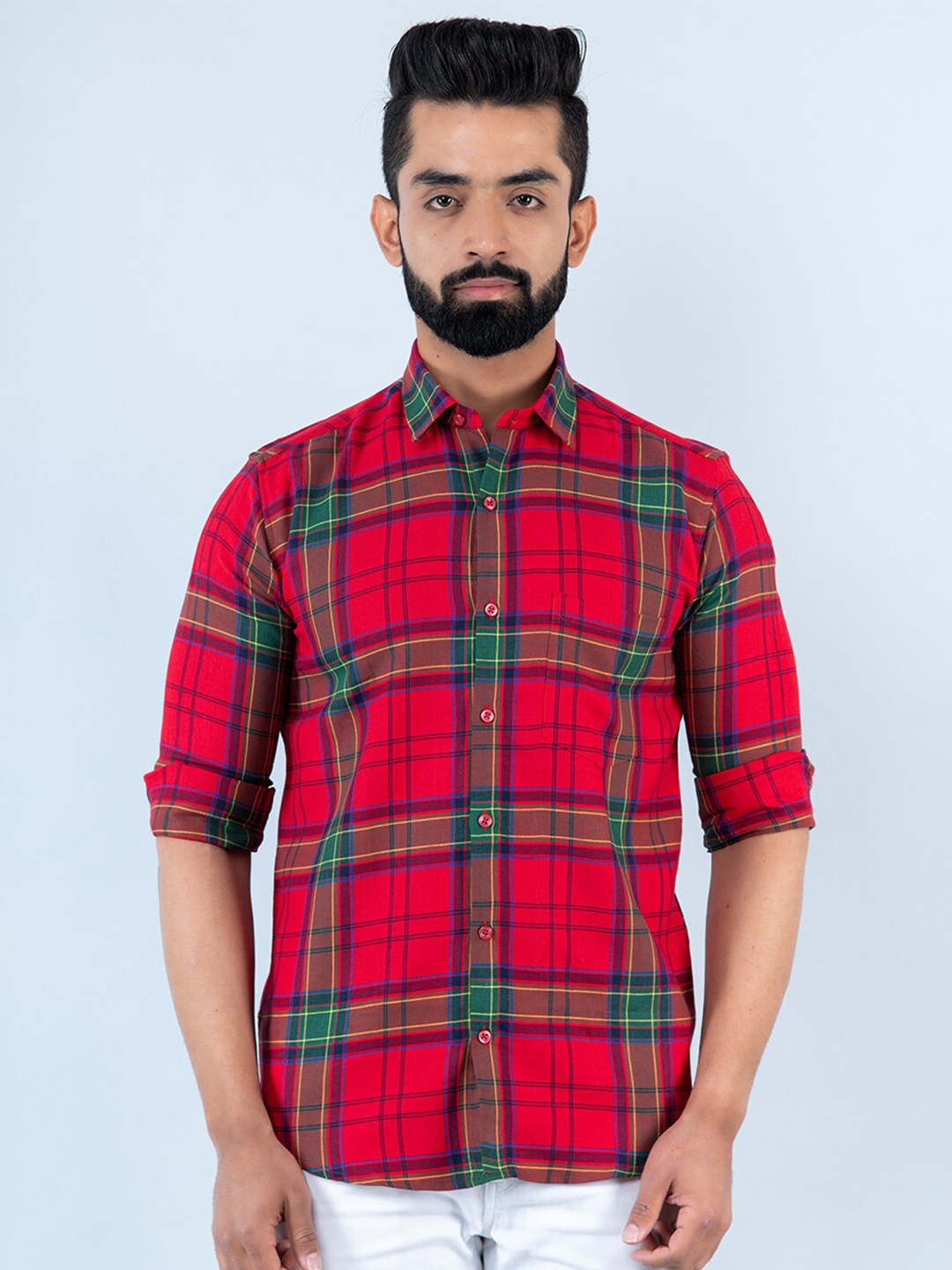 

Tistabene Men Tartan Checks Cotton Casual Shirt, Red