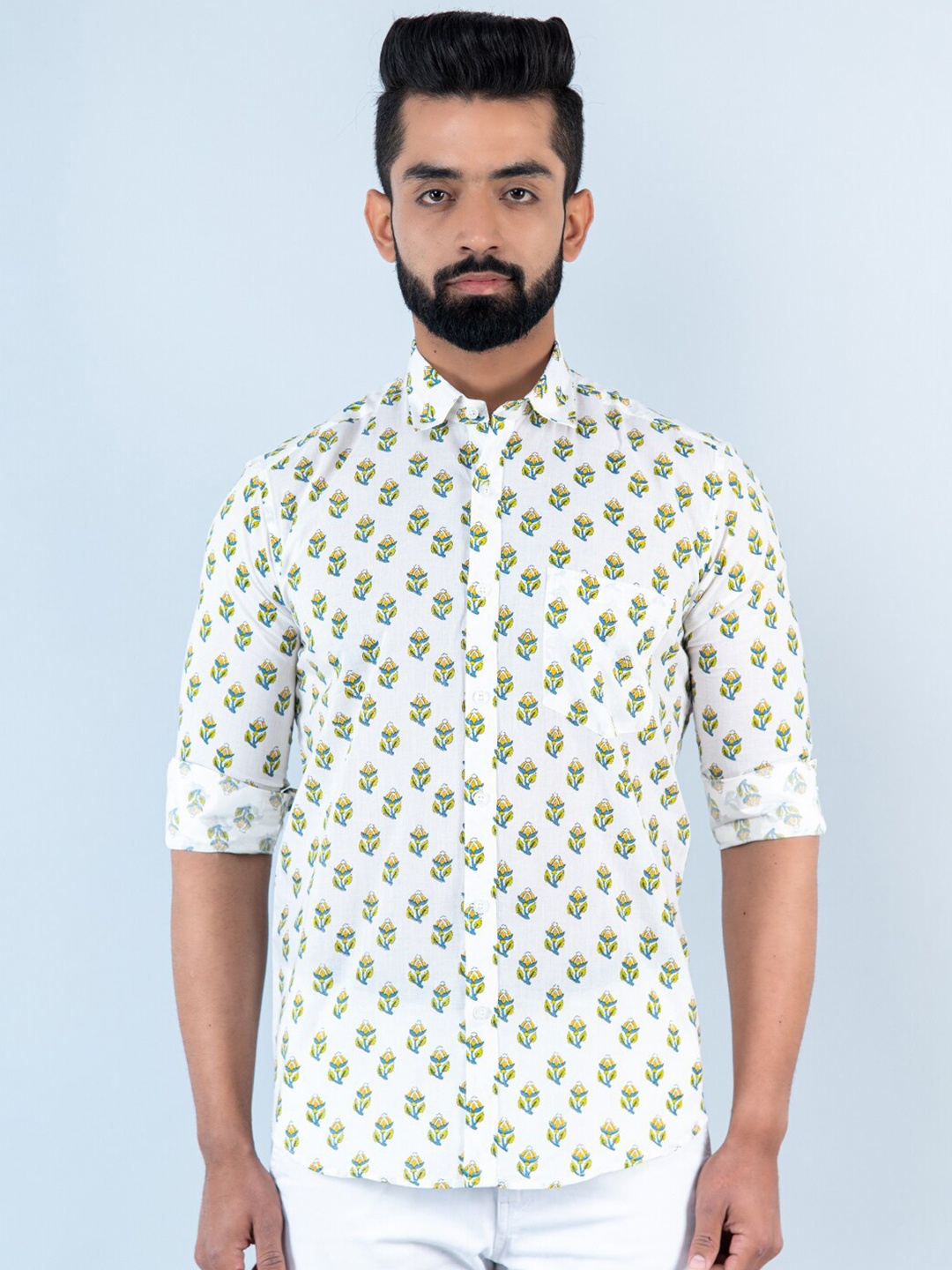 

Tistabene Men Floral Printed Cotton Casual Shirt, White