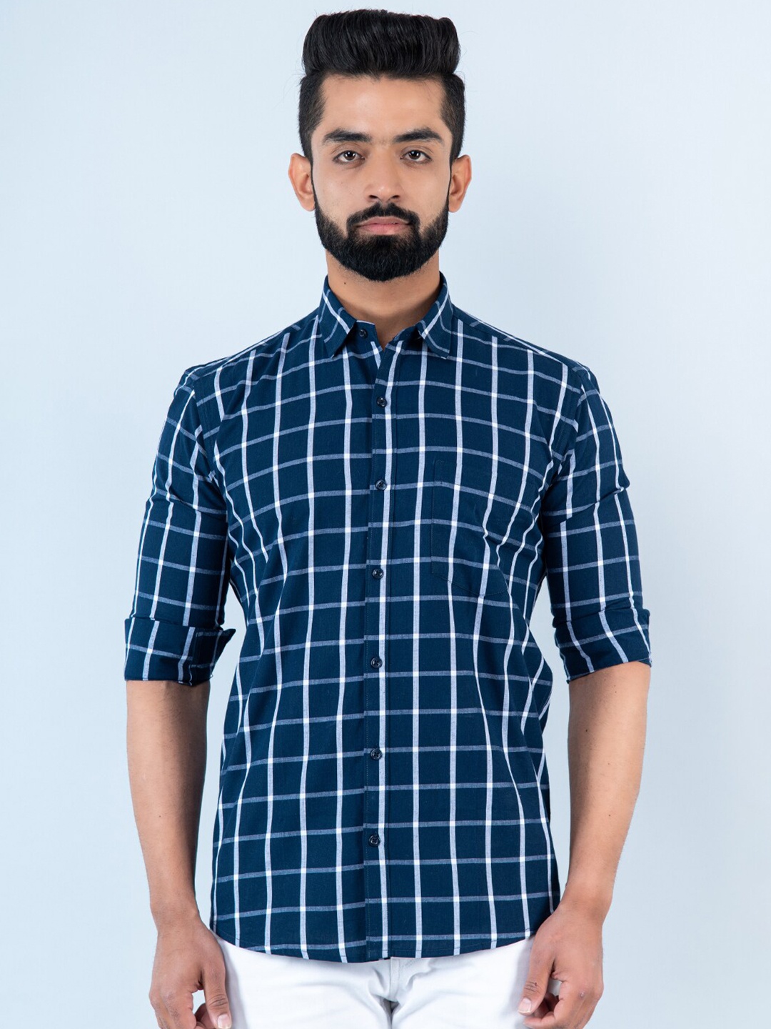 

Tistabene Men Windowpane Checked Cotton Casual Shirt, Blue