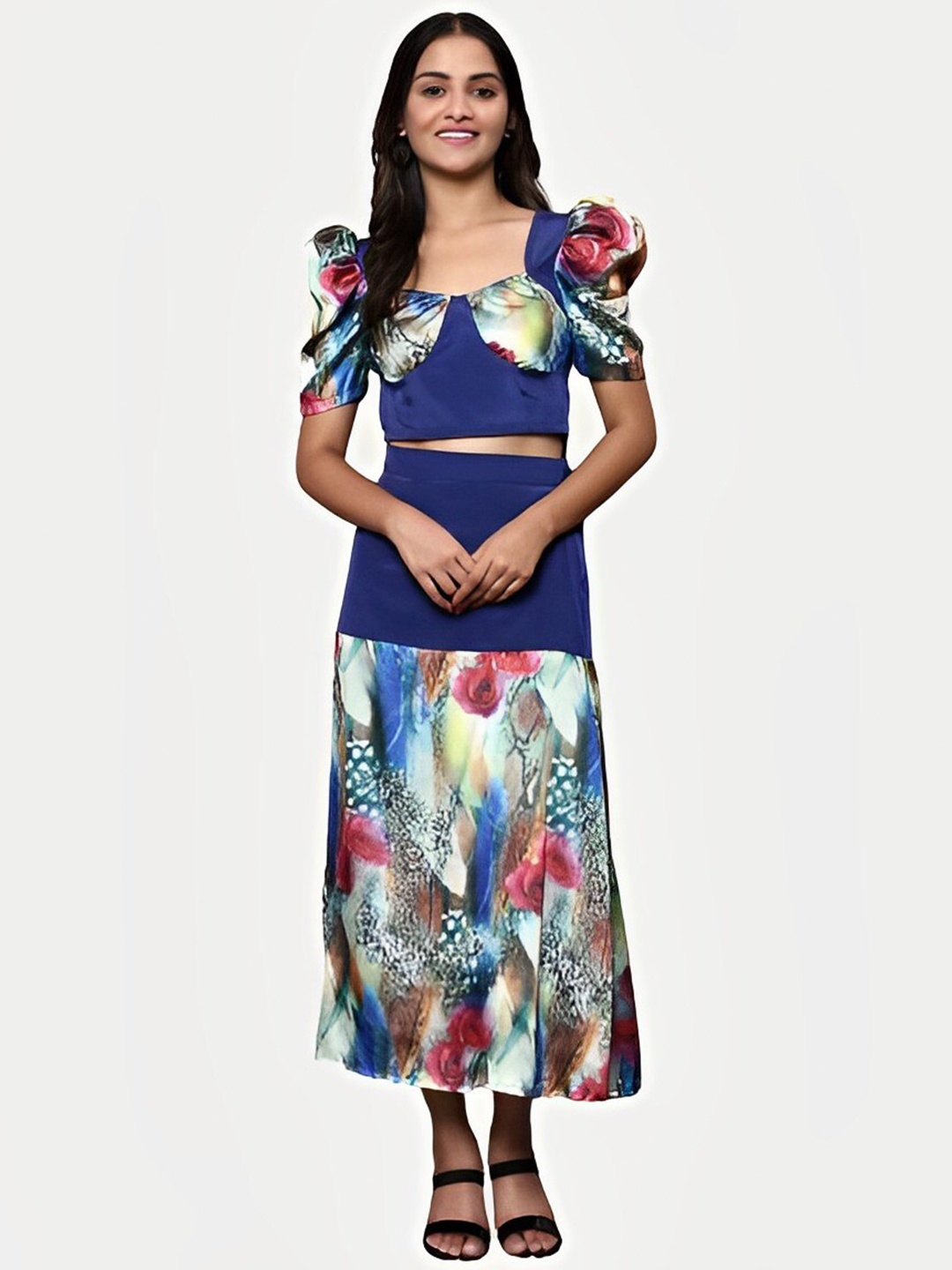 

KHUMAAR Shuchi Bhutani Women Printed Top With Skirt, Blue