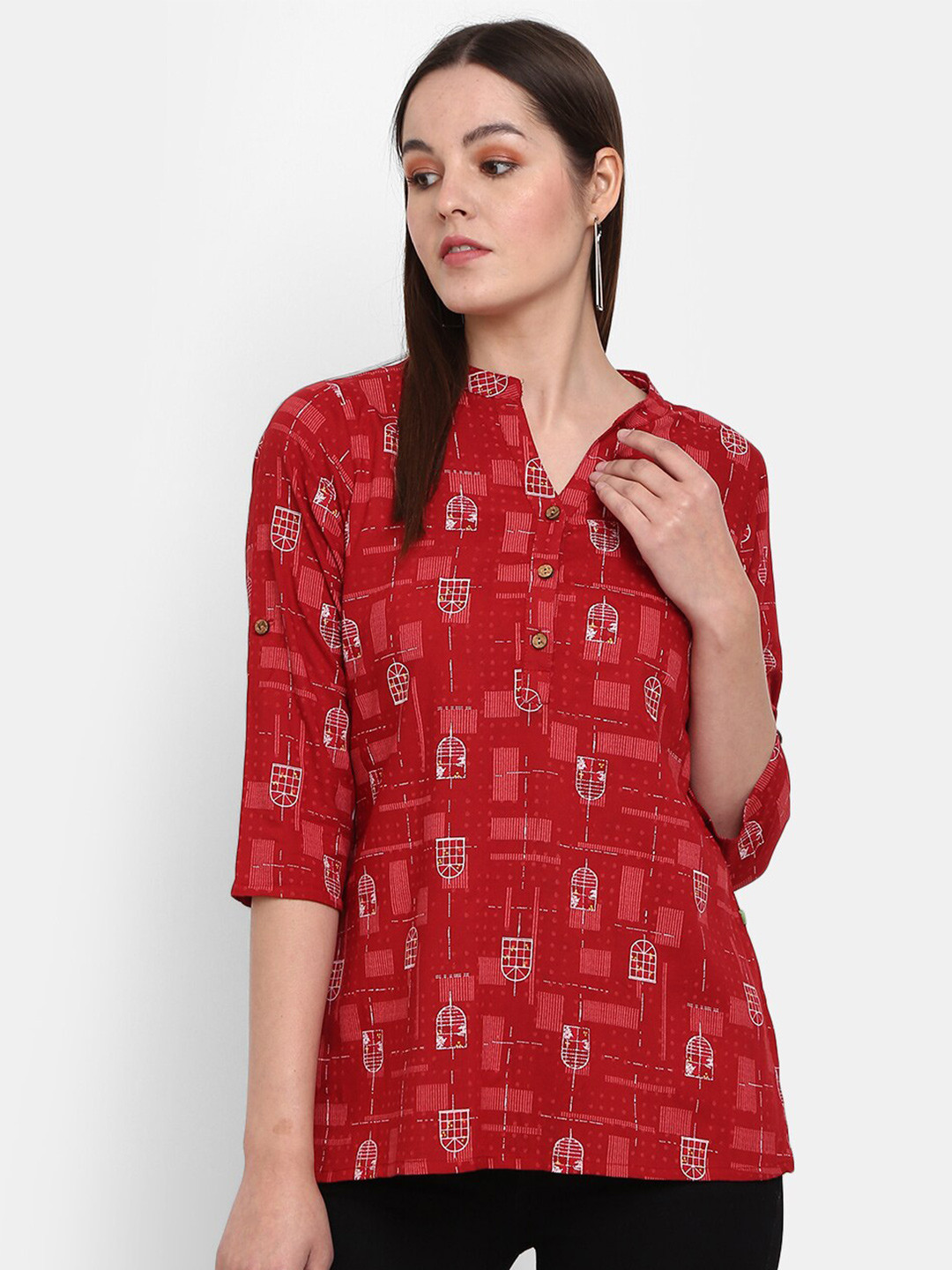 

V-Mart Printed Band Collar Straight Kurti, Maroon