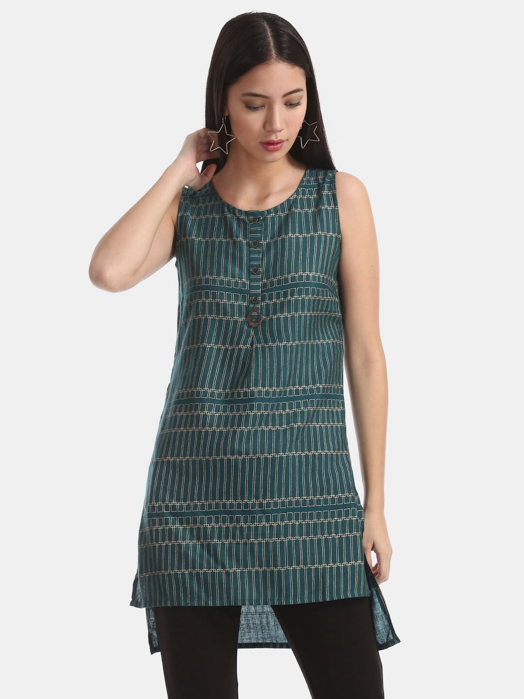 

V-Mart Geometric Printed Sleeveless Straight Kurta, Green