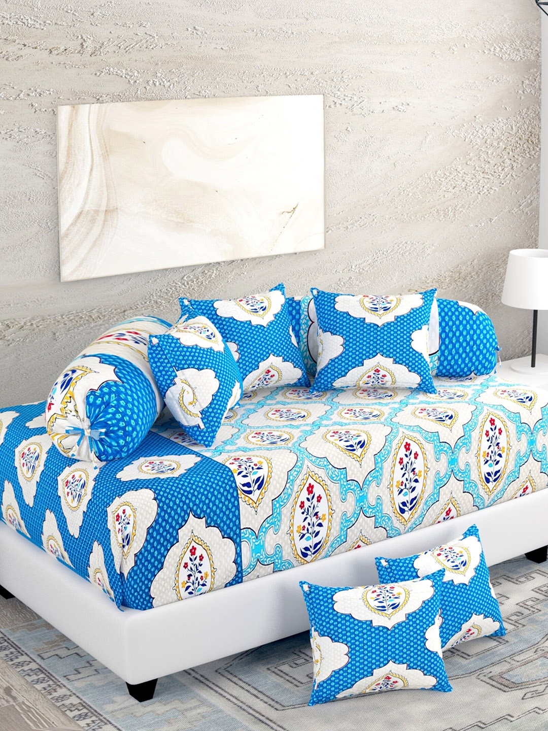 

Salona Bichona Austere Blue & White 8 Pcs Ethnic Motifs 144 TC Pure Cotton Diwan Set