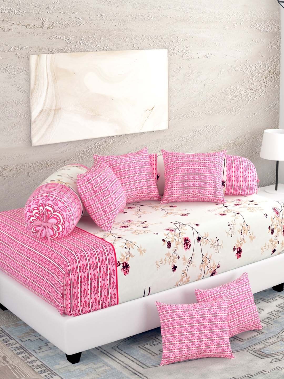 

Salona Bichona Austere Cream & Pink 8-Pieces Floral Printed 144 TC Pure Cotton Diwan Set